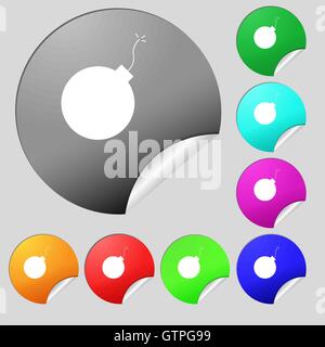 bomb icon sign. Set of eight multi colored round buttons, stickers. Vector Stock Vector