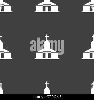 Church Icon sign. Seamless pattern on a gray background. Vector Stock Vector