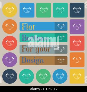 Handshake icon sign. Set of twenty colored flat, round, square and rectangular buttons. Vector Stock Vector