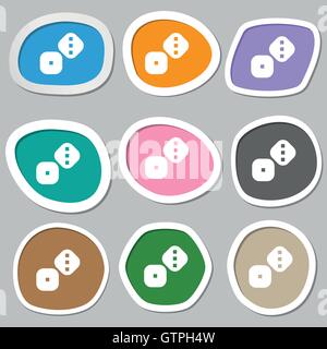 Dice Cubes icon symbols. Multicolored paper stickers. Vector Stock Vector