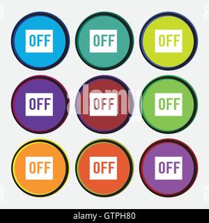 OFF icon sign. Nine multi colored round buttons. Vector Stock Vector