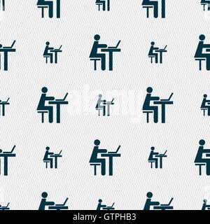 Businessman working on computer icon sign. Seamless pattern with geometric texture. Vector Stock Vector