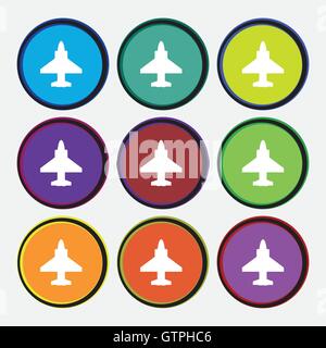 Aircraft or Airplane Icon sign. Nine multi colored round buttons. Vector Stock Vector