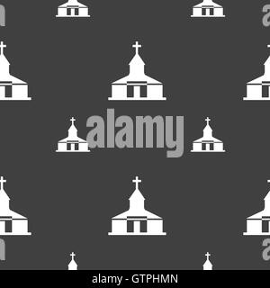 Church Icon sign. Seamless pattern on a gray background. Vector Stock Vector