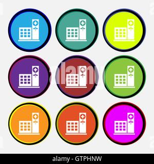 Hospital icon sign. Nine multi colored round buttons. Vector Stock Vector