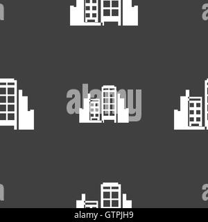 Buildings icon sign. Seamless pattern on a gray background. Vector Stock Vector