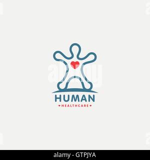 Isolated human silhouette vector logo with heart. Man contour logotype. Minimalistic romantic illustration. Cardiology symbol. L Stock Vector