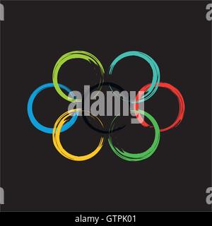 Four intersecting colored rings with ragged edges on black background. Vector colorful vector logo. Stock Vector