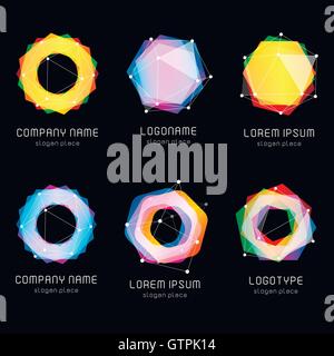 Unusual abstract geometric shapes vector logo set. Circular, polygonal colorful logotypes collection on the black background. Ve Stock Vector