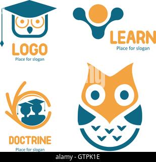 Isolated abstract studying vector logo set. Cartoon owl character logotypes collection. Education icons. School and university e Stock Vector