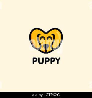 Isolated brown vector puppy muzzle logo. Cute heart shape cartoon dog logotype. Stock Vector