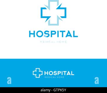 Isolated blue color cross vector logo. Medical symbol contour logotype. Hospital writing on the white background. First aid sign Stock Vector