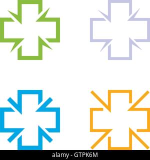 Isolated colorful cross vector logo set. Medical signs contour logotypes collection. Hospital symbols group on the white backgro Stock Vector