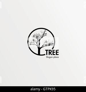 Mystical, isolated, single, beauty, bald tree. Black round frame. Round vector shape. Stylish, minimalistic,lineart,outline,cont Stock Vector