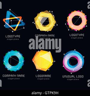 Unusual abstract geometric shapes vector logo set. Circular, polygonal colorful logotypes collection on the black background. Ve Stock Vector