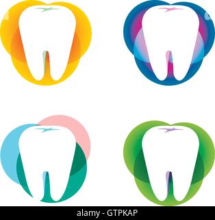 Isolated white tooth vector logo set. Round shape. Tooth hygiene logotype collection on the white background. Dental implants ic Stock Vector