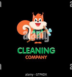 Isolated orange squirrel with mop vector logo. Cleaning company business emblem. Stock Vector