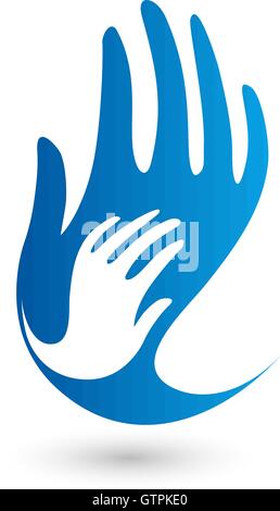 Isolated blue and white vector hands logo. Mothercare sign. Orphanage emblem. Caring parents. Childish hand. Adopted child. Brin Stock Vector