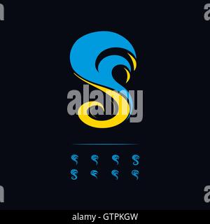 Isolated abstract women head side view vector logo. Blue and yellow color hairstyle vector illustration on the black background. Stock Vector