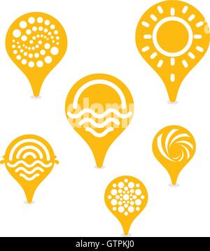 Tag to specify the location of the sunny beach. Vector isolated logos set. Unusual icons collection. Stock Vector