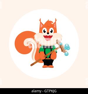 Isolated orange squirrel with mop vector logo. Cleaning company business emblem. Stock Vector