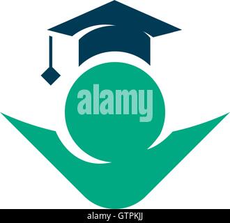 Isolated green color student contour in a blue cap vector logo. Education illustration. Minimalistic school and university logot Stock Vector