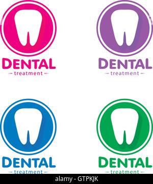 Isolated white tooth vector logo set. Round shape. Tooth hygiene logotype collection on the white background. Dental implants ic Stock Vector