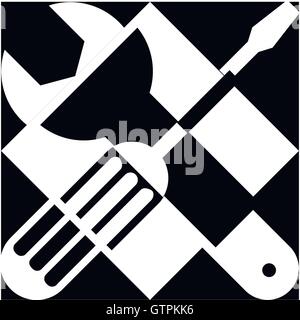 Isolated black color technical tools vector logo. Mechanical equipment logotype. Round shape vector illustration. Adjustable wre Stock Vector