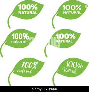 Green leaf with white lettering. 100 percent natural product icons set. Stock Vector