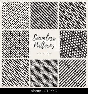 Set of Eight Vector Seamless Hand Drawn Lines Patterns Collection Stock Vector