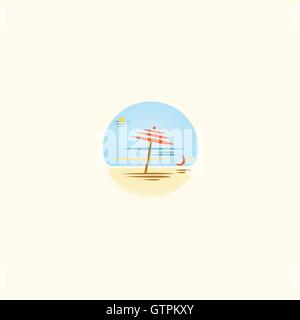 Summer beach vector unusual logo. Umbrella abstract logo. Beach icon isolated. Orange umbrella, sand beach, beauty umbrella vect Stock Vector