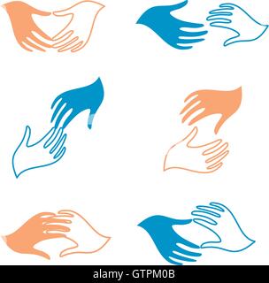 Isolated abstract human hands vector logo set. Touching fingers logotypes. Stock Vector
