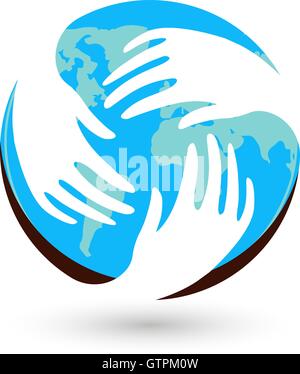 Isolated blue round vector logo. Global communication. Helpful people. White hands. Mercy sign. Refugee camp emblem. Round the w Stock Vector