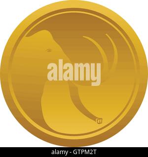 Isolated golden elephant head vector logo. Round animal image on coin logo. Stock Vector