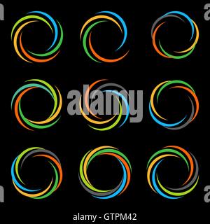 Abstract vector spiral tornado set of logos. Designed collection of photo signs. Colorful graphic flowers. Summer sun images. Sl Stock Vector