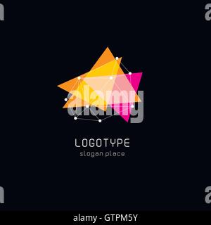 Isolated abstract translucent triangles vector logo. Geometric shape logotype on the black background. Orange and pink color shi Stock Vector