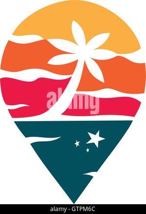 Palm logo design template. Traveling vector illustration. Mark tourism. Palm red and blue color logo template. Recreation icon t Stock Vector