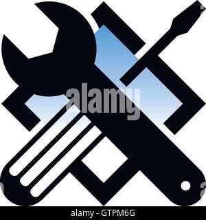 Isolated black and blue color technical tools vector logo. Mechanical equipment logotype. Round shape vector illustration. Adjus Stock Vector