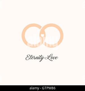 Eternity love vector logo. Wedding gold rings. Endless love isolated symbol. Unusual design logotype. Stock Vector