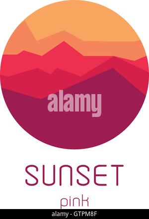 Isolated round sunset vector logo. Mountains silhouette. Minimalistic evening sky. Stock Vector