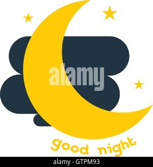 Good evening icon. Yellow moon on black clouds. Modern style. Stock Vector