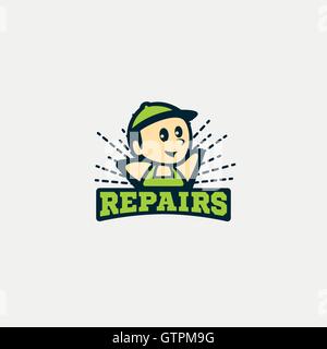 Isolated green color repairman vector logo. Smiling handyman in a cap logotype. Cartoon character illustration. Stock Vector