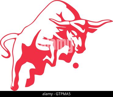 Evil, wild prancing bull. Abstract vector shape. Stylish, flat, silhouette stylized logotype. Red color logo template. Bull, hor Stock Vector