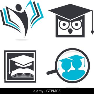 Isolated abstract studying vector logo set. Cartoon owl character logotypes collection. Education icons. School and university e Stock Vector