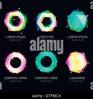 Unusual abstract geometric shapes vector logo set. Circular, polygonal colorful logotypes collection on the black background. Ve Stock Vector