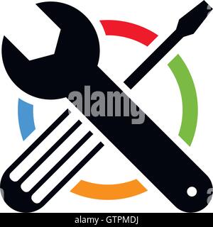 Isolated colorful technical tools vector logo. Mechanical equipment logotype. Round shape vector illustration. Adjustable wrench Stock Vector