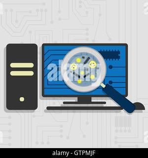 Analyzing the hardware and the electronic circuit of the pc with a magnifying glass.Viewing virus and bacteria magnified. Stock Vector