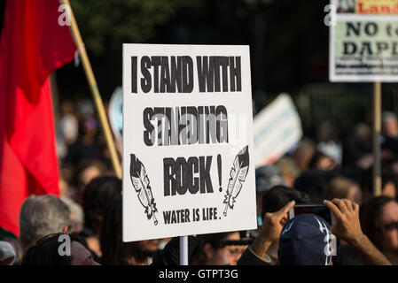 New York, New York, USA. 09th Sep, 2016. On the same day that the U.S. District Court in D.C. was scheduled to rule on a suit filed by the Standing Rock Reservation against the Army Corps of Engineers regarding the latter's approval of the Dakota Access Pipeline, activist gathered in Washington Square Park as a show of solidarity with Sioux tribal members staging a standoff with contractors working on the pipeline near Cannonball, North Dakota. Though the court ruling allowed for continuation of the pipeline's construction, the U.S. Credit:  PACIFIC PRESS/Alamy Live News Stock Photo