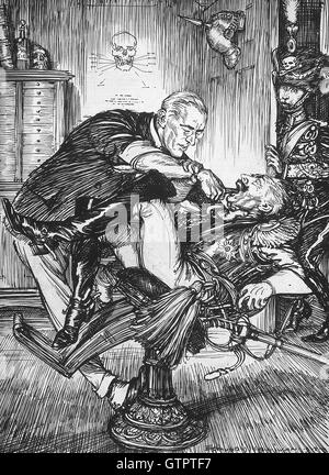 WOODROW WILSON (1856-1924) Cartoon from 1918 showing President Wilson gleefully extracting teeth from the Kaiser Wilhelm. Note the skull on the wall and the apprehensive German soldier watching the painful operation. Stock Photo