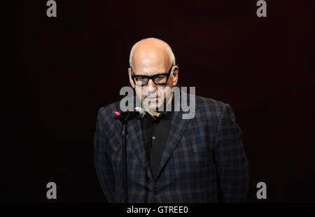 Berlin, Germany. 09th Sep, 2016. British music producer Daniel Miller stands on stage at the first award ceremony for the Prize for Pop Culture from the 'Association for the Promotion of Pop Culture' in the Tempodrom in Berlin, Germany, 09 September 2016. The Band Kraftwerk was honored for their life's work. Photo: BRITTA PEDERSEN/dpa/Alamy Live News